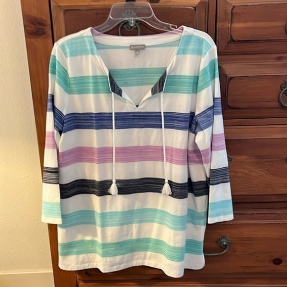 NWOT Talbots Blue, White And Purple Striped Top With Three-Quarter Sleeves - Picture 1 of 9